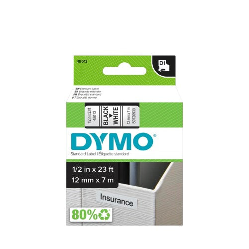 DYMO D1 High-Performance Polyester Removable Label Tape, 0.5" x 23 ft, Black on White