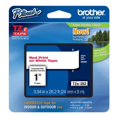 Brother TZE252G OEM 1" X 26.2' Laminated Label Tape, Red on White