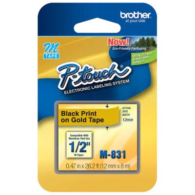Brother M831 OEM .5" X 26.2' Non-Laminated Label Tape, Black on Gold