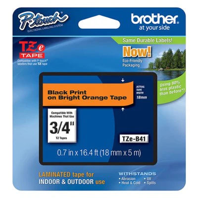 Brother TZEB41 OEM .75" X 16.4' Laminated Label Tape, Black on Fluorescent Orange