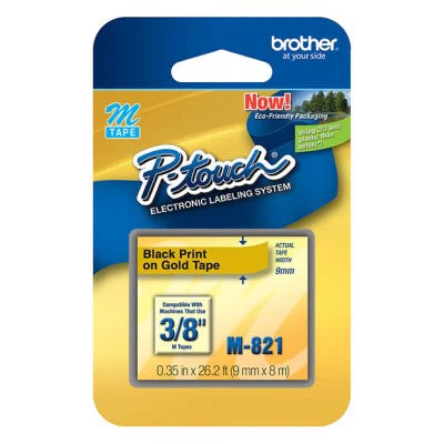 Brother M821 OEM .35" X 26.2' Non-Laminated Label Tape, Black on Gold