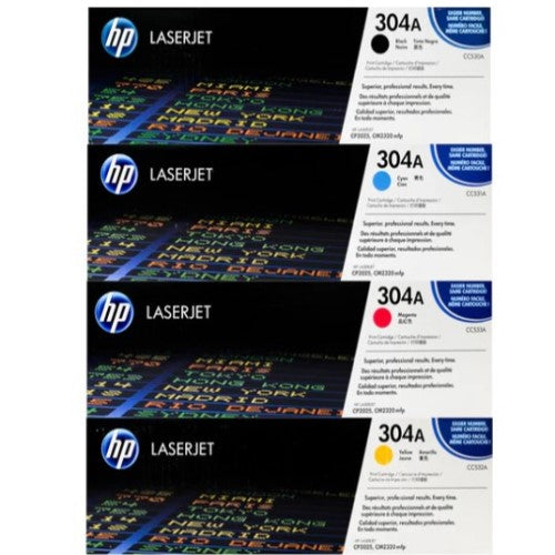 HP 304A CC530A OEM Toner Set, Contains Black, Cyan, Magenta, Yellow