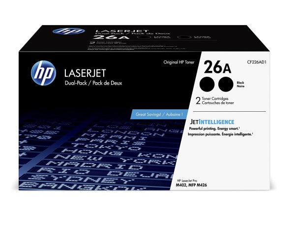 HP 26A CF226AD1 OEM LaserJet Toner Dual Pack, 2 x 3.1K Pages, Black
