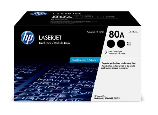 HP 80A CF280AD1 OEM LaserJet Toner Dual Pack, 2 x 2.56k Pages, Black