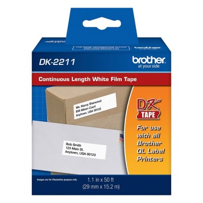 Brother DK2211 OEM 1.1" X 50' Continuous Length Film Adhesive Label Tape, Black on White