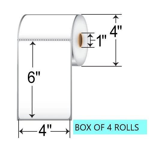 4" X 6" Direct Thermal Label, 250 Per Roll, 4" OD, 1", White