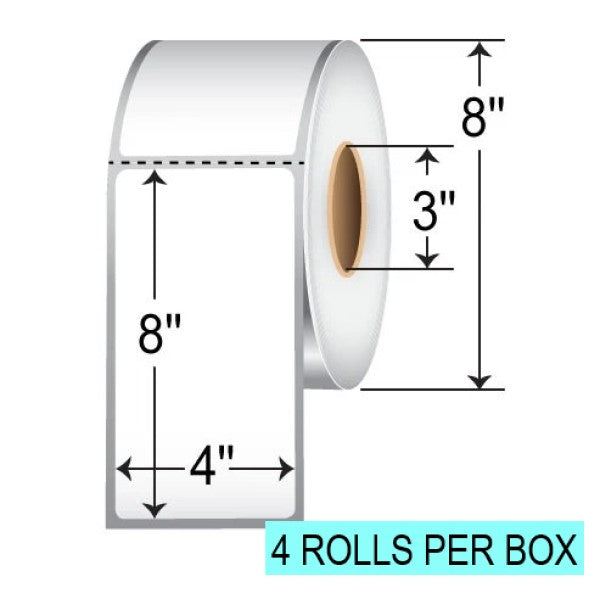 4" X  8" Direct Thermal Labels, 750 Per Roll, 8" OD, 3" Core