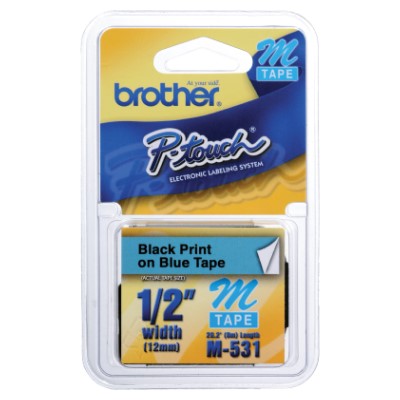Brother M531 OEM .5" X 26.2' Non-Laminated Label Tape, Black on Blue