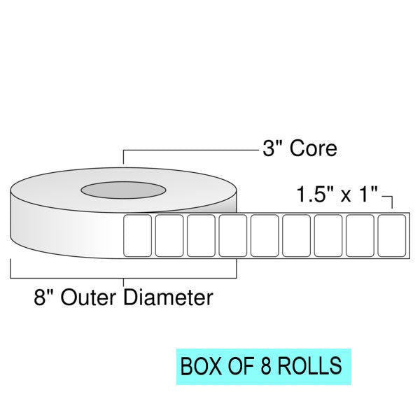 1.5" x 1" Thermal Transfer Labels , W/ Perf, 5.5k Per Roll, 8" OD, 3" Core