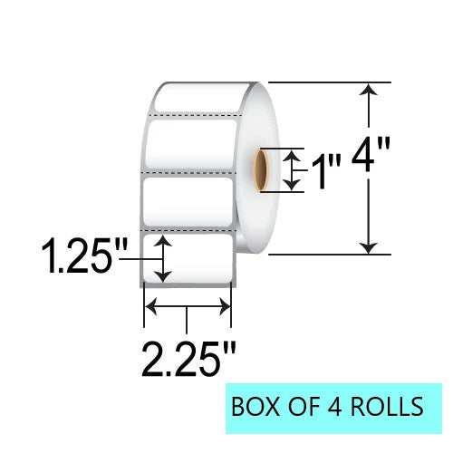 2.25" X 1.25" Thermal Transfer Labels, 1.135K Per Roll, 4” OD, 1” Core