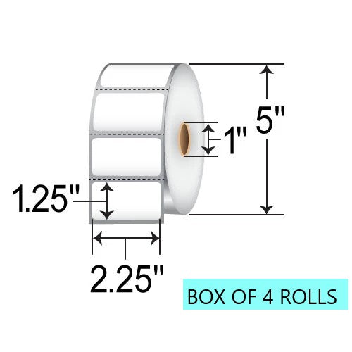 2.25" X 1.25" Thermal Transfer Labels, 1.9K Per Roll, 5" OD, 1" Core