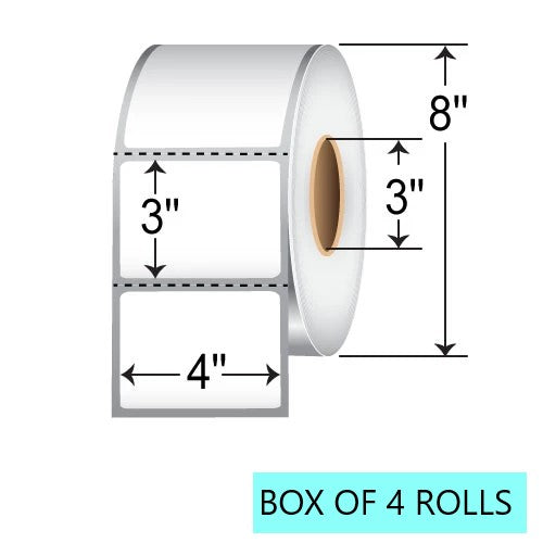 4" X 3" Thermal Transfer Labels W/ Perf, 1K Per Roll, 8" OD, 3" Core