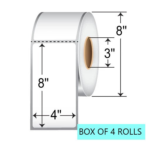 4" X 8" Thermal Transfer Labels, 750 Per Rolls, 8" OD, 3" Core