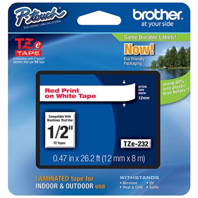 Brother TZE232G OEM .5" X 26.2' Laminated Label Tape, Red on White