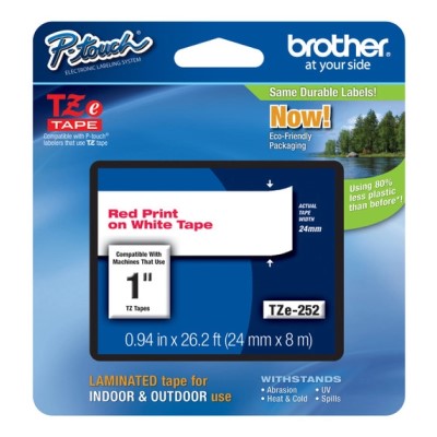 Brother TZE252G OEM 1" X 26.2' Laminated Label Tape, Red on White