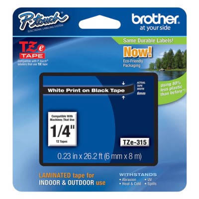 Brother TZE315 OEM .25" X 26.2' Laminated Label Tape, White on Black