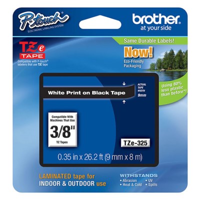 Brother TZE325 OEM .35" X 26.2' Laminated Label Tape, White on Black