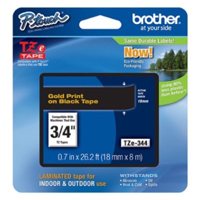 Brother TZE344 OEM .75" X 26.2' Laminated Label Tape, Gold on Black