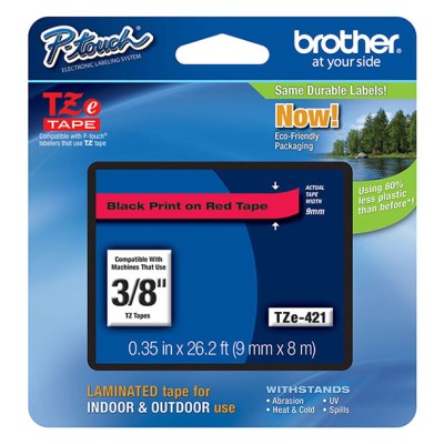 Brother TZE421 OEM .35" X 26.2' Laminated Label Tape, Black on Red