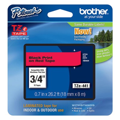 Brother TZE441 OEM .75" X 26.2' Laminated Label Tape, Black on Red