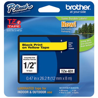 Brother TZE631 OEM .5" X 26.2' Laminated Label Tape, Black on Yellow