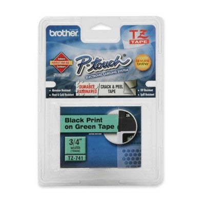Brother TZE741 OEM .75" X 26.2' Laminated Label Tape, Black on Green