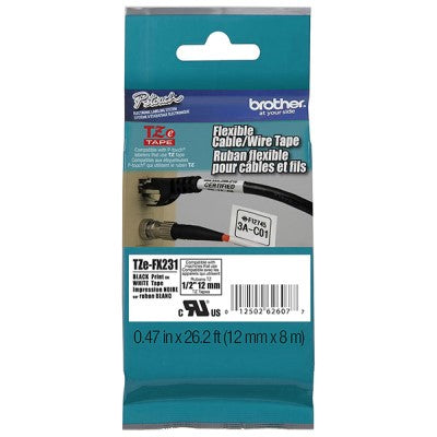Brother TZEFX231 OEM .5" X 26.2' Flexible ID Super Adhesive Industrial Label Tape, Black on White