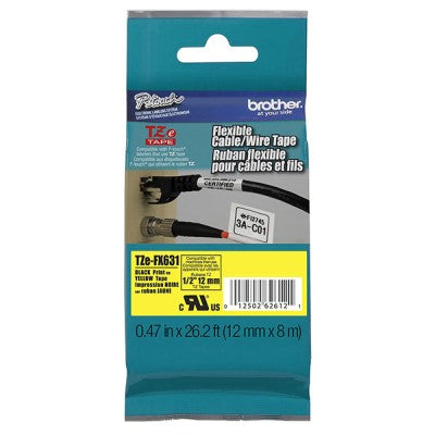 Brother TZEFX631 OEM .5" X 26.2' Flexible ID Super Adhesive Industrial Label Tape, Black on Yellow