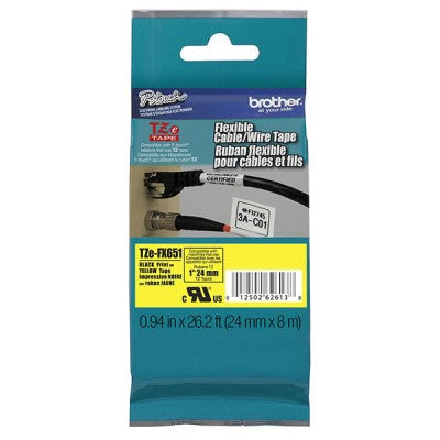 Brother TZEFX651 OEM 1" X 26.2' Flexible ID Super Adhesive Industrial Label Tape, Black on Yellow