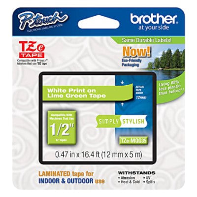 Brother TZEMQG35 OEM .5" X 16.4' Simply Stylish Laminated Label Tape, White on Lime Green