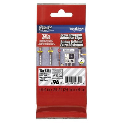 Brother TZES151 OEM 1" X 26.2' Extra Strength Super Adhesive Industrial Label Tape, Black on Clear