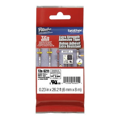 Brother TZES211 OEM .25" X 26.2' Extra Strength Super Adhesive Industrial Label Tape, Black on White