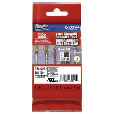 Brother TZES231 OEM 1.5" X 26.2' Extra Strength Super Adhesive Industrial Label Tape, Black on White