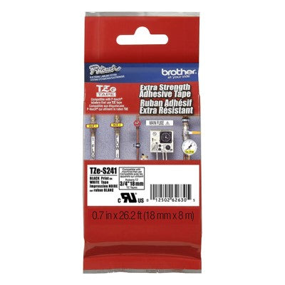Brother TZES241 OEM .75" X 26.2' Extra Strength Super Adhesive Industrial Label Tape, Black on White