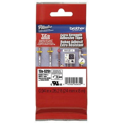 Brother TZES251 OEM 1" X 26.2' Extra Strength Super Adhesive Industrial Label Tape, Black on White