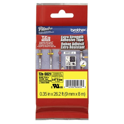 Brother TZES621 OEM .35" X 26.2' Extra Strength Super Adhesive Industrial Label Tape, Black on Yellow