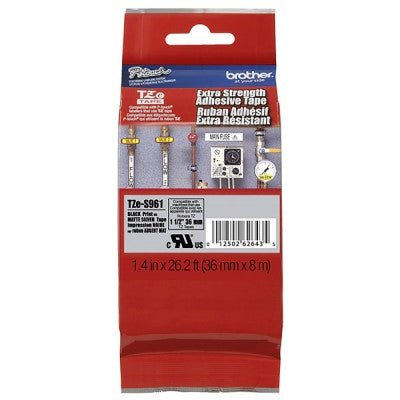 Brother TZES961 OEM 1.5" X 26.2' Extra Strength Super Adhesive Industrial Label Tape, Black on Matte Silver