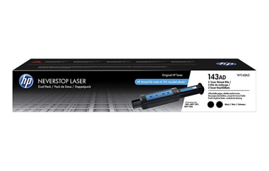 HP 143A W1143AD OEM Neverstop Toner Reload Kit Dual Pack, 2 x 2.5K Pages, Black