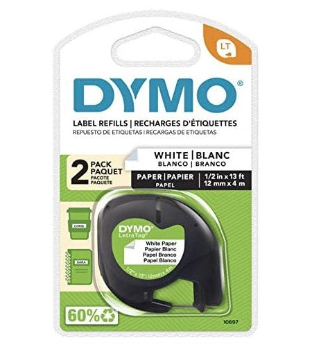 DYMO LetraTag Paper Label Tape Cassettes, 0.5" x 13 ft, White, 2/Pack
