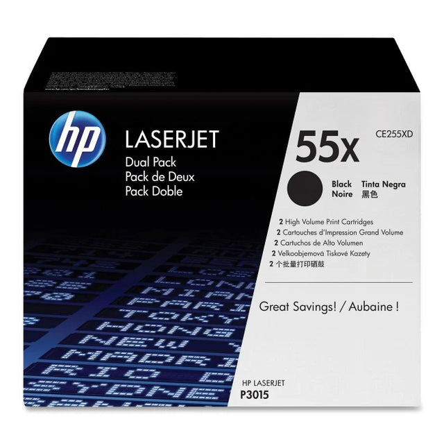 HP 55X CE255X OEM HY Toner Dual Pack, 2 x 12.5K Pages, Black