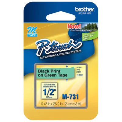 Brother M731 OEM .5" X 26.2' Non-Laminated Label Tape, Black on Metallic Green