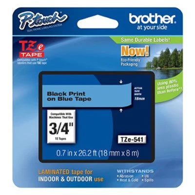 Brother TZE541 OEM .75" X 26.2' Laminated Label Tape, Black on Blue