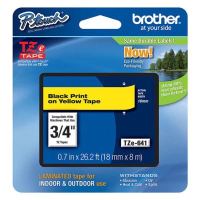 Brother TZE641 OEM .75" X 26.2' Laminated Label Tape, Black on Yellow