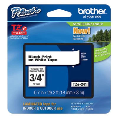 Brother TZE241 OEM .75" X 26.2' Laminated Label Tape, Black on White