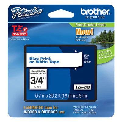 Brother TZE243 OEM .75" X 26.2' Laminated Label Tape, Blue on White