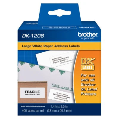 Brother DK1208 OEM 1.4" X 2.4" 400 Count Die-Cut Address Adhesive Label Tape, Black on White