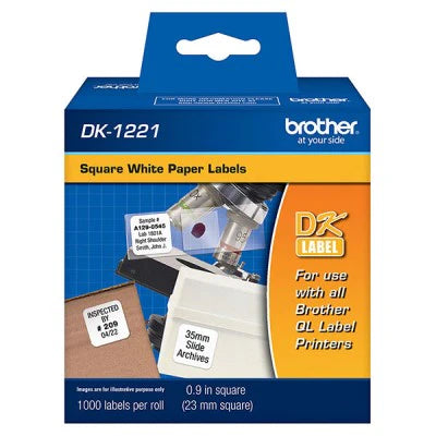 Brother DK1221 OEM .9" Diameter 1200 Count Die-Cut Square Adhesive Label Tape, Black on White