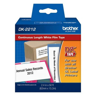 Brother DK2212 OEM 2.4" X 50' Continuous Length Film Adhesive Label Tape, Black on White