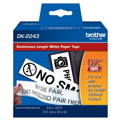 Brother DK2243 OEM 4" X 100' Continuous Length Film Adhesive Label Tape, Black on White