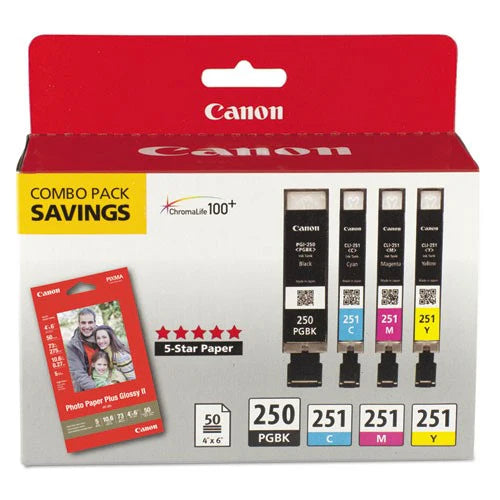 Canon 6497B004 PGI-250 / CLI-251 OEM Combo Pack Plus Photo Paper, Pigment Black/Color